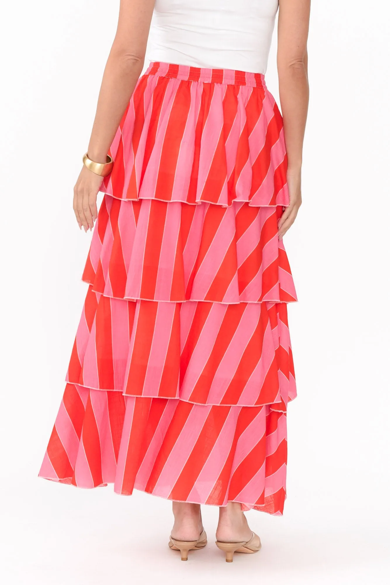 Magritte Pink Stripe Cotton Tiered Skirt