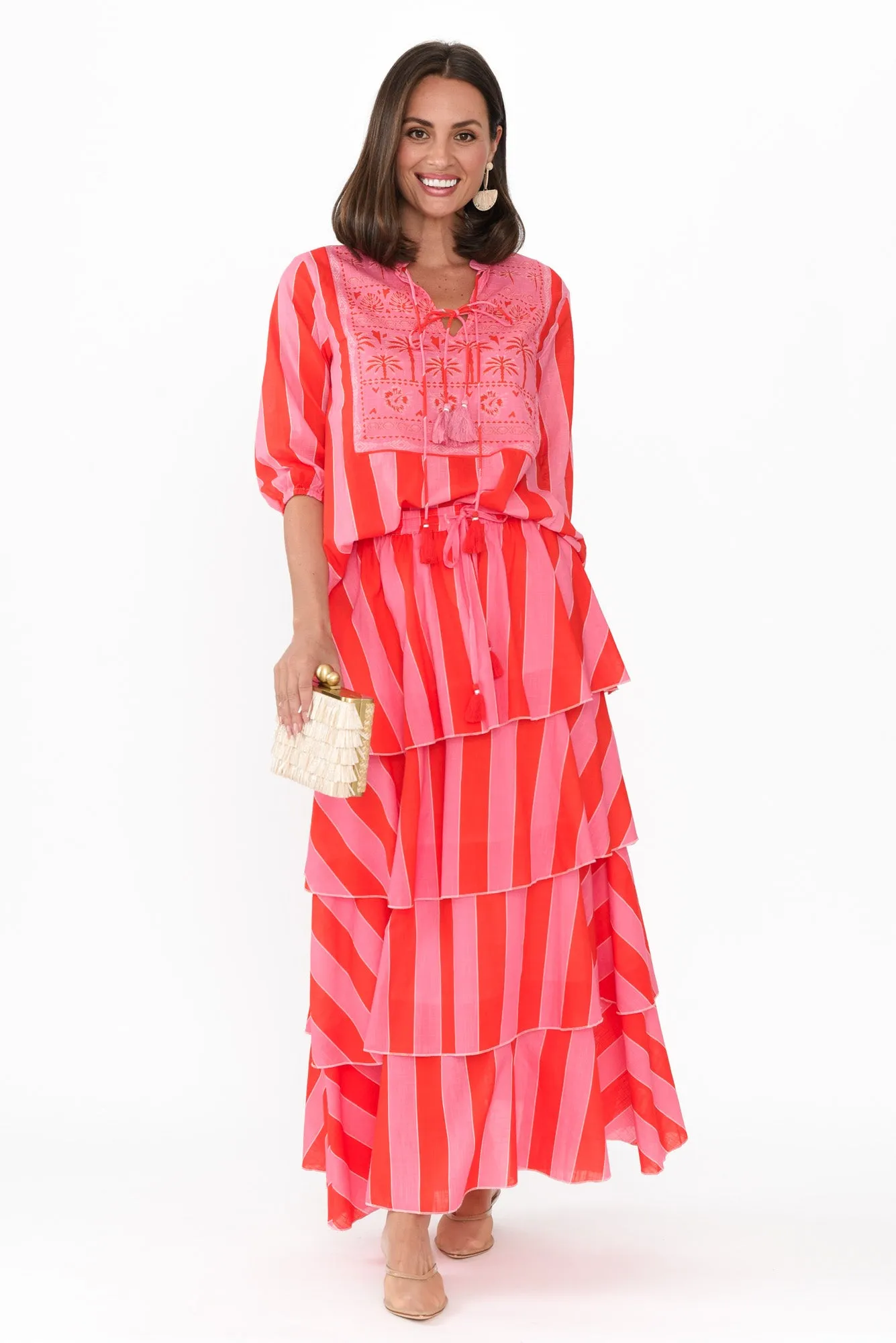 Magritte Pink Stripe Cotton Tiered Skirt