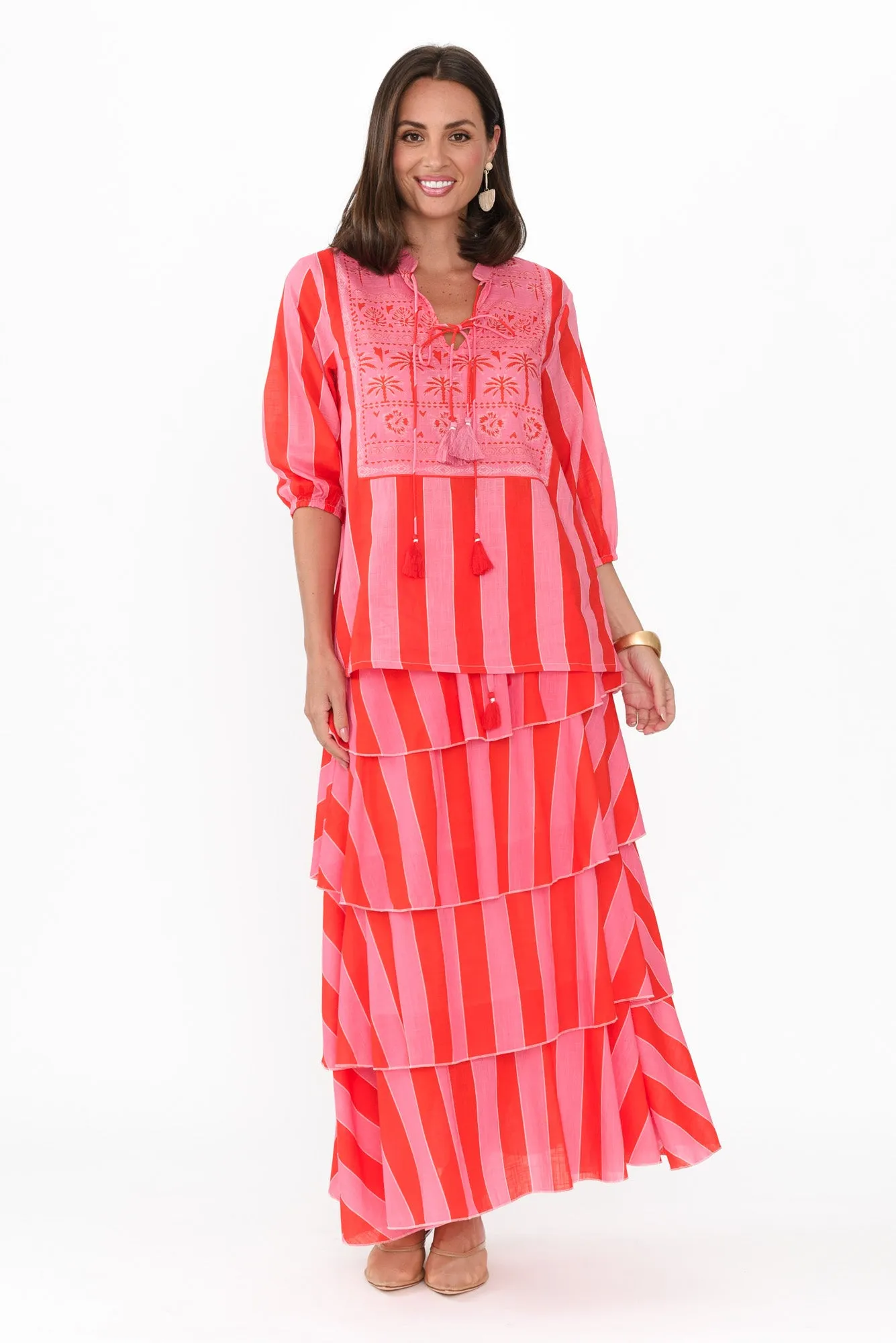 Magritte Pink Stripe Cotton Tiered Skirt