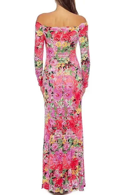 Marina Long Sleeve Off The Shoulder Scalloped Floral Maxi Dress