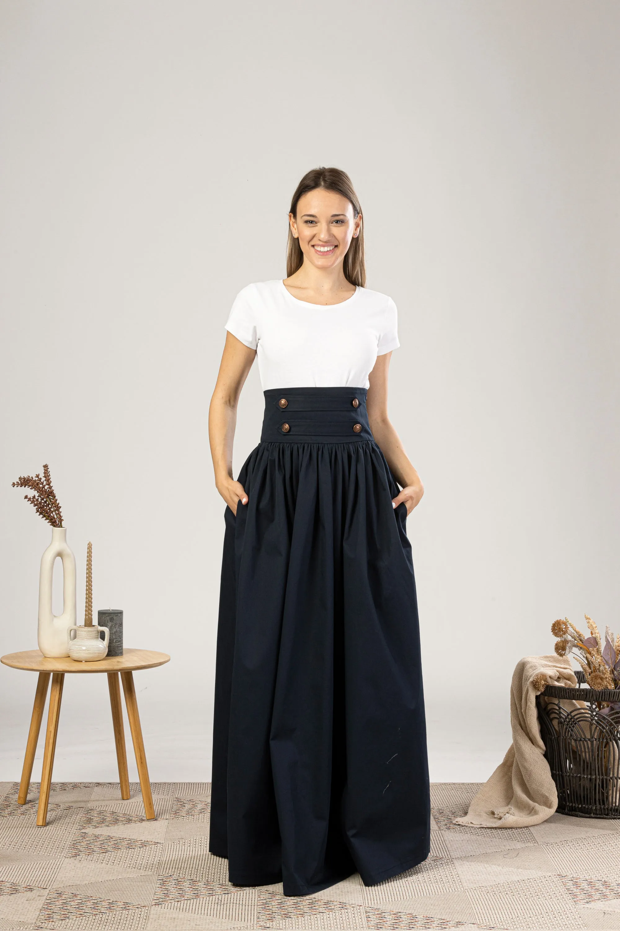 Maxi Flared Skirt with Waistband Buttons