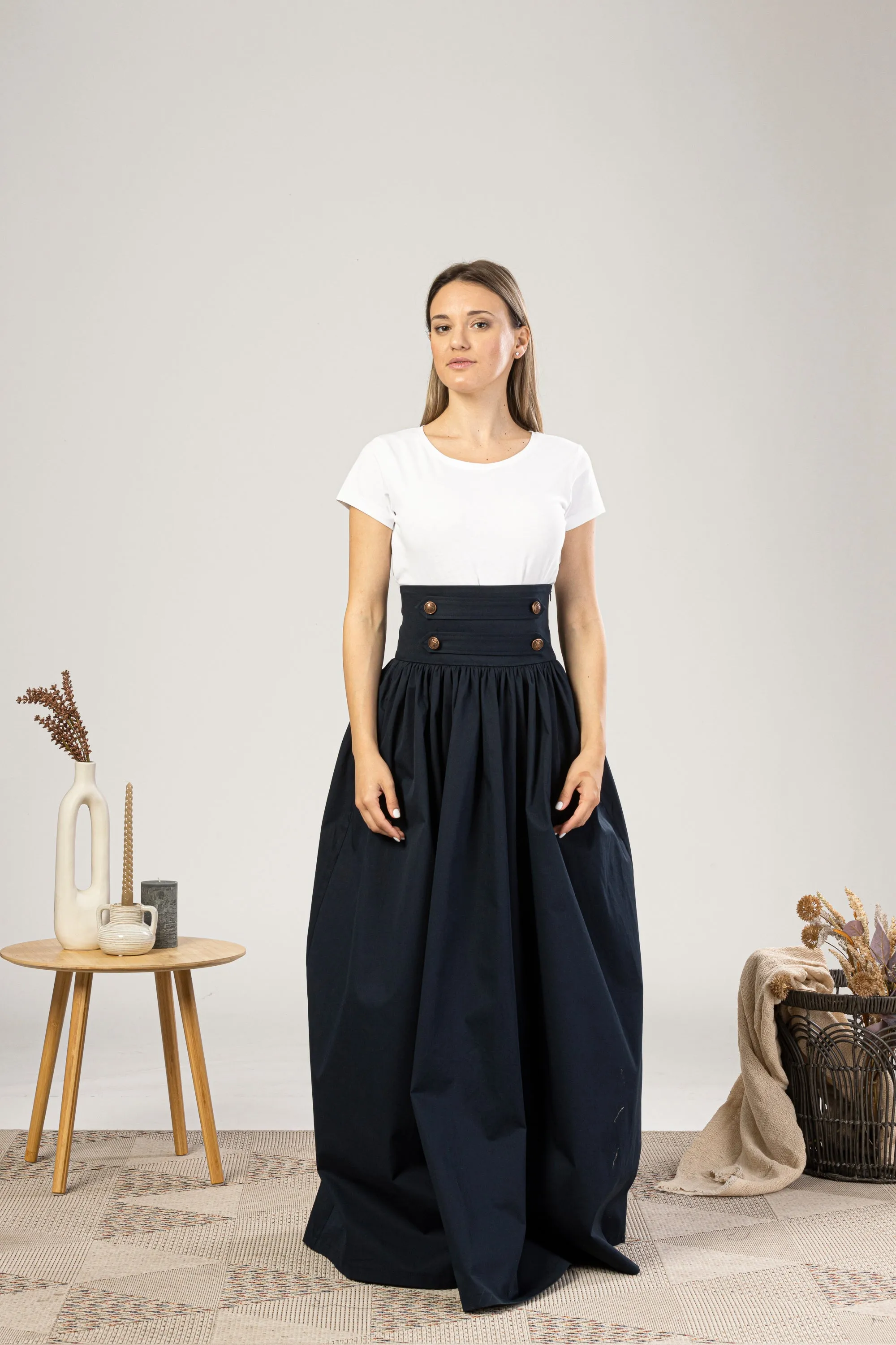 Maxi Flared Skirt with Waistband Buttons