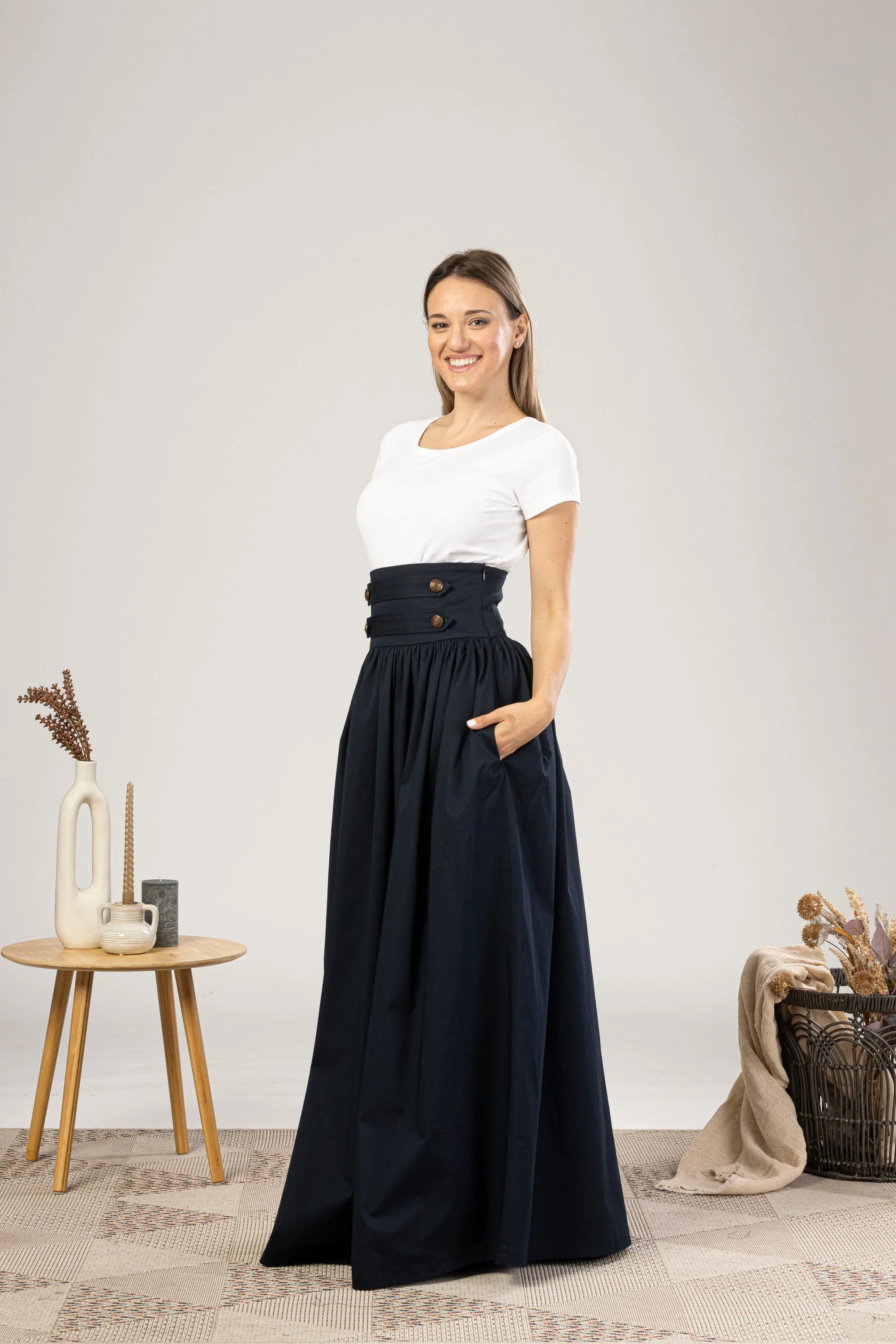 Maxi Flared Skirt with Waistband Buttons