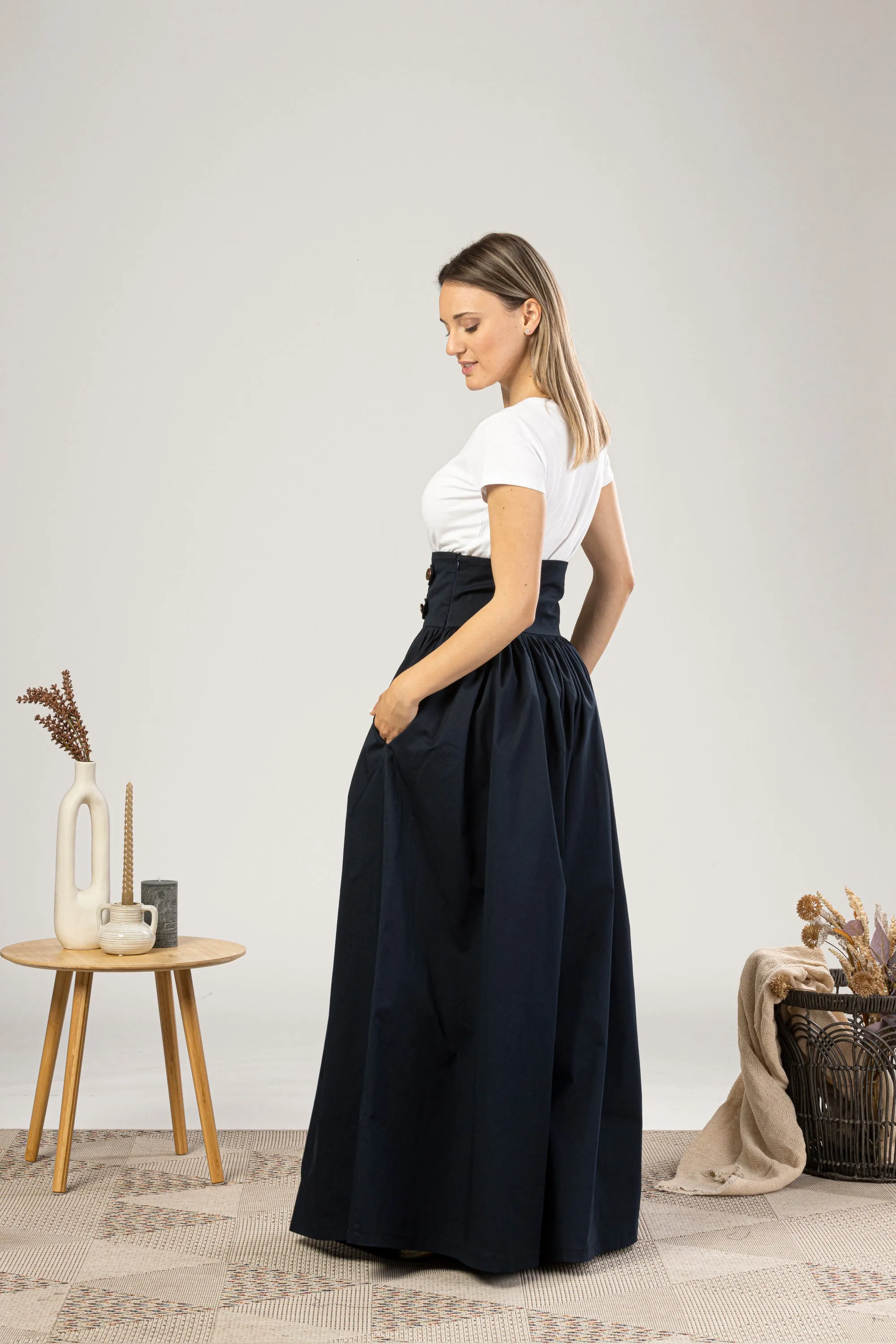 Maxi Flared Skirt with Waistband Buttons