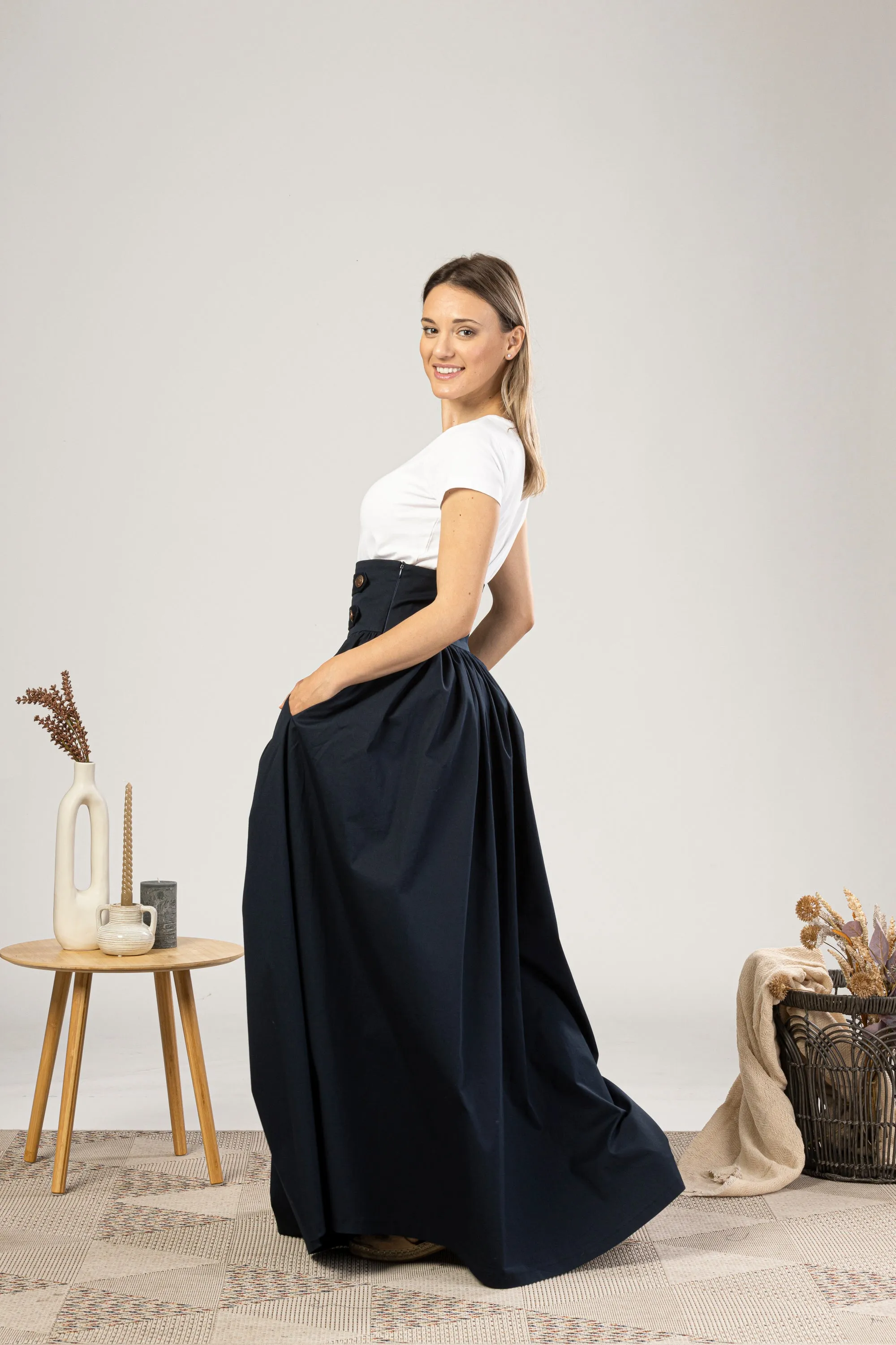 Maxi Flared Skirt with Waistband Buttons