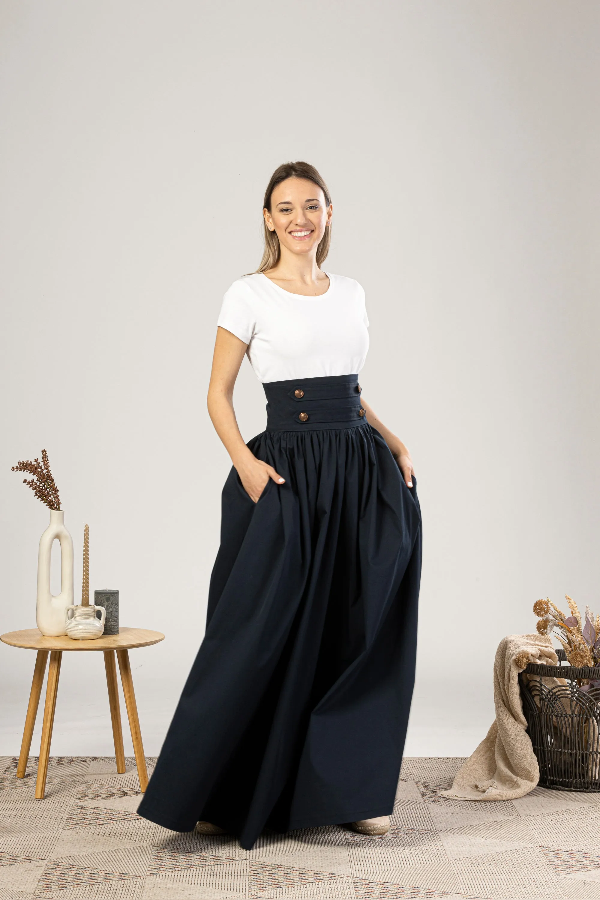 Maxi Flared Skirt with Waistband Buttons