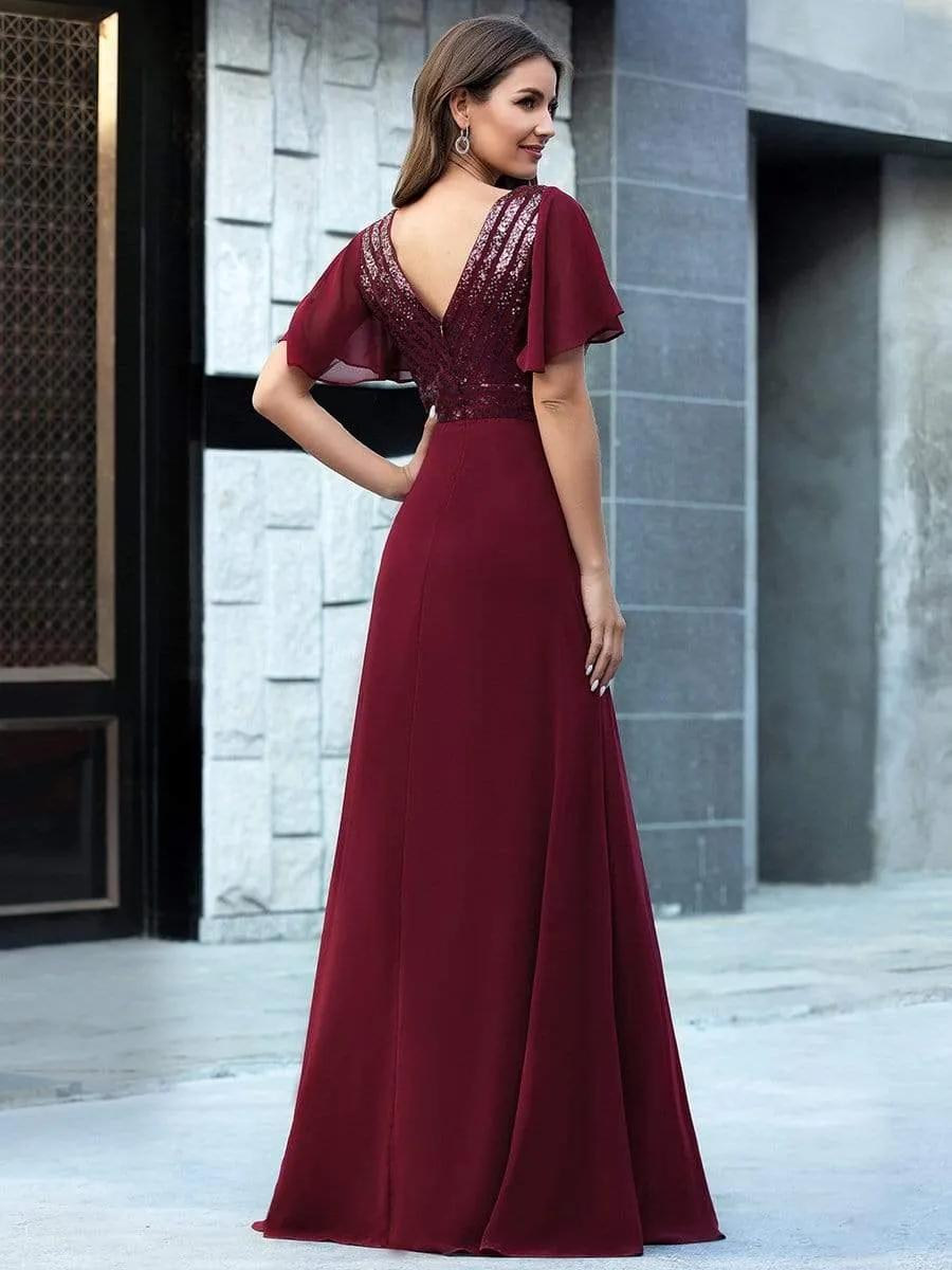 Maxi Long Chiffon and Sequin Evening Gowns with Ruffle Sleeve