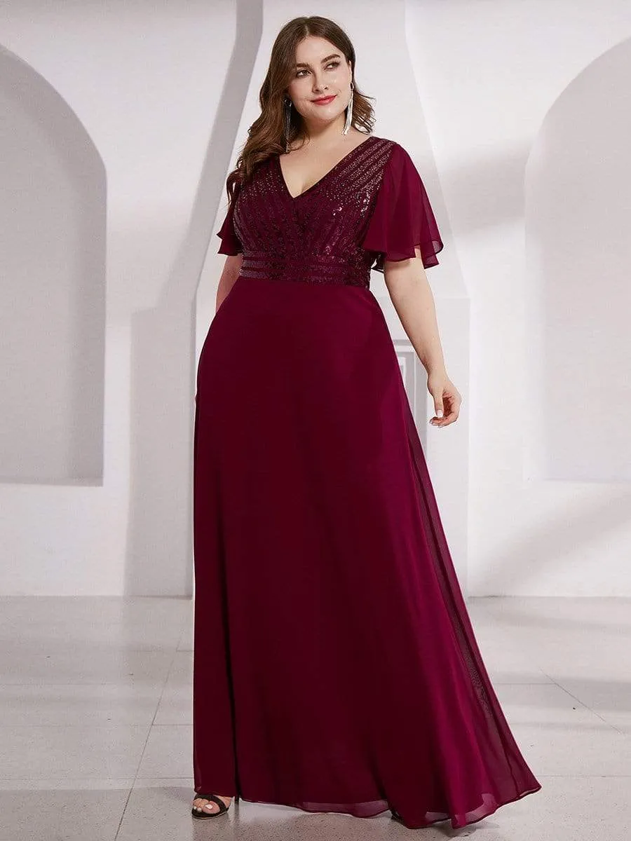 Maxi Long Chiffon and Sequin Evening Gowns with Ruffle Sleeve