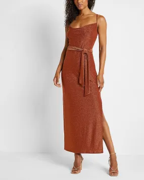 Metallic Cowl Neck Tie Waist Midi Dress in Copper