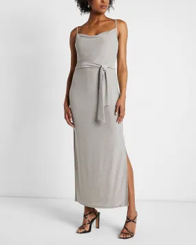 Metallic Cowl Neck Tie Waist Midi Dress in Silver Gray