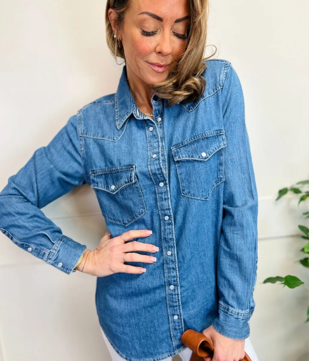 Mid Blue Denim Popper Shirt