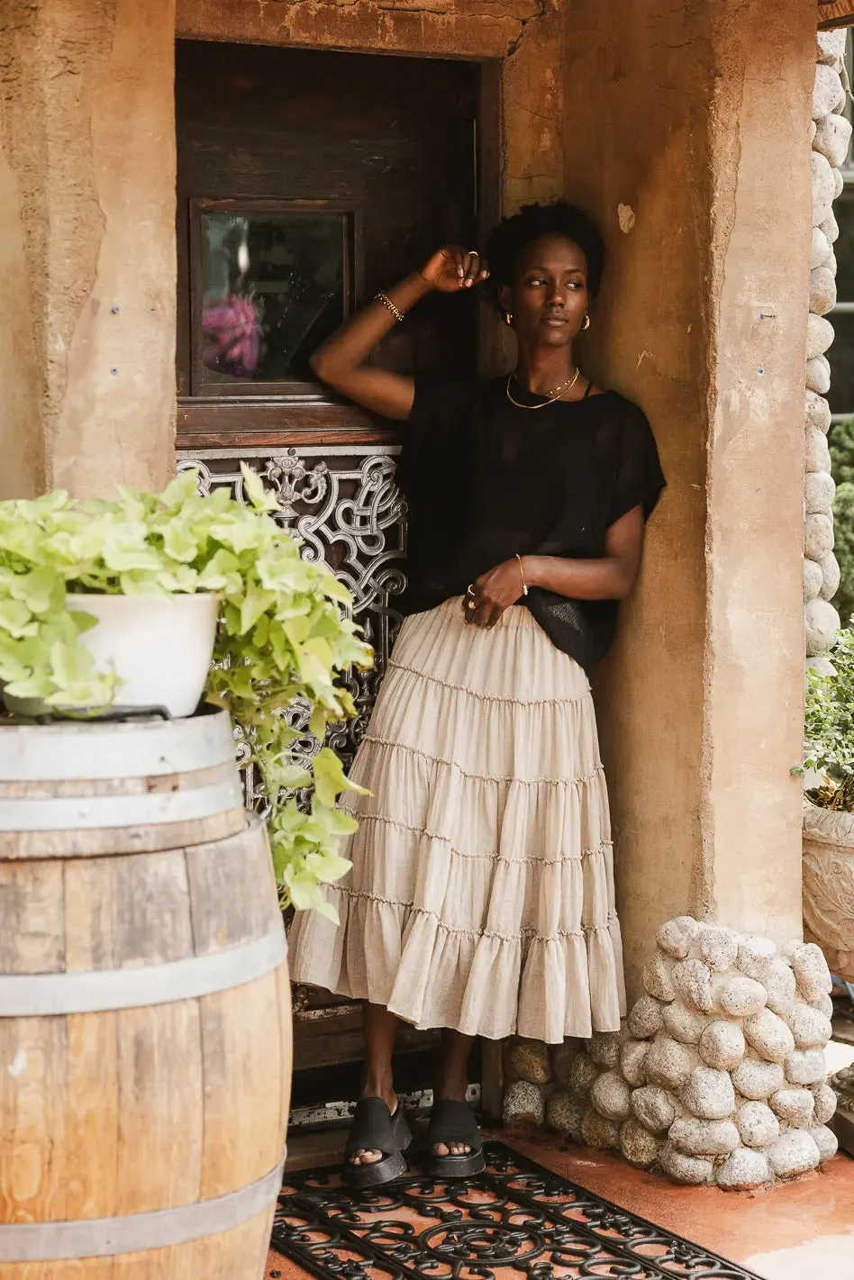 Minerva Tiered Midi Skirt in Taupe