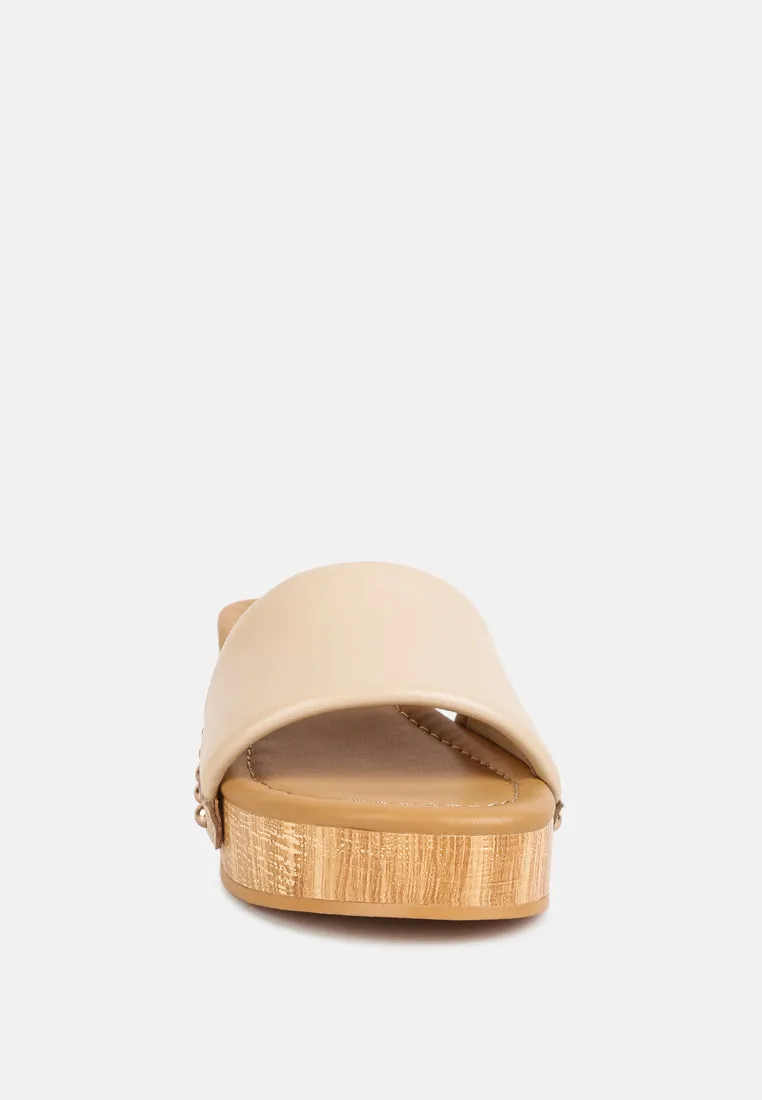 MINNY Textured Heel Leather Slip On Sandals in Beige