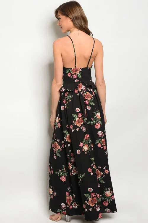 Misses Black Floral Peplum Peek A Boo Maxi Dress