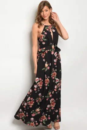 Misses Black Floral Peplum Peek A Boo Maxi Dress