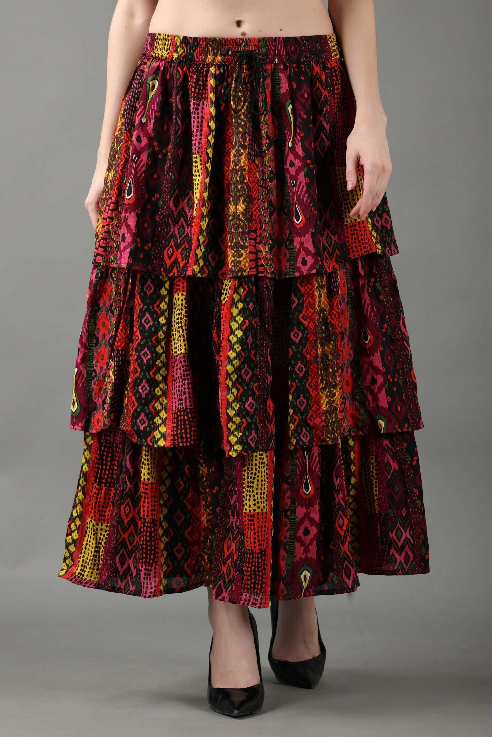 Multicolored Abstract Printed Layered Skirt