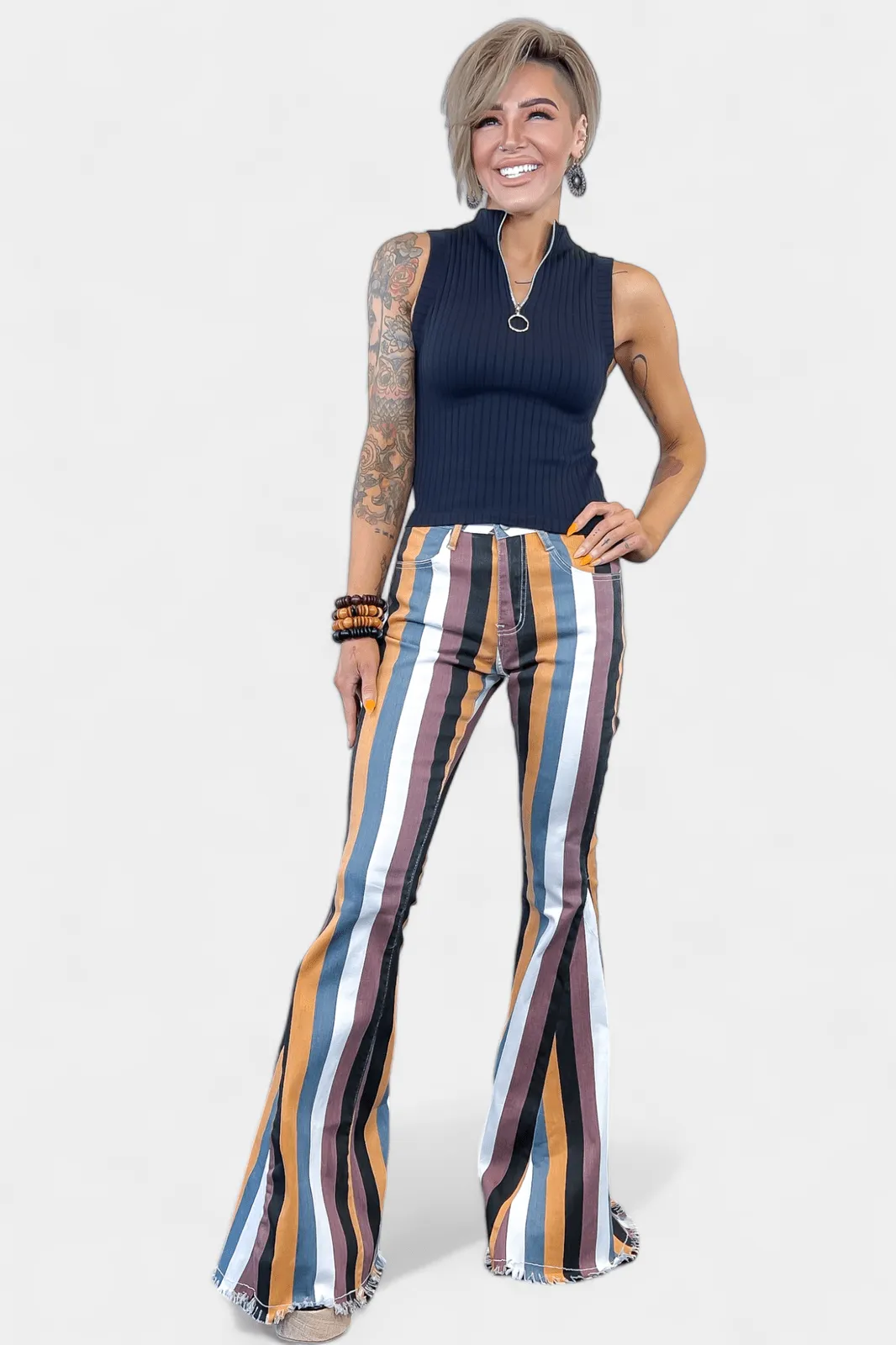 Mustard Multi Stripe Flared Jeans