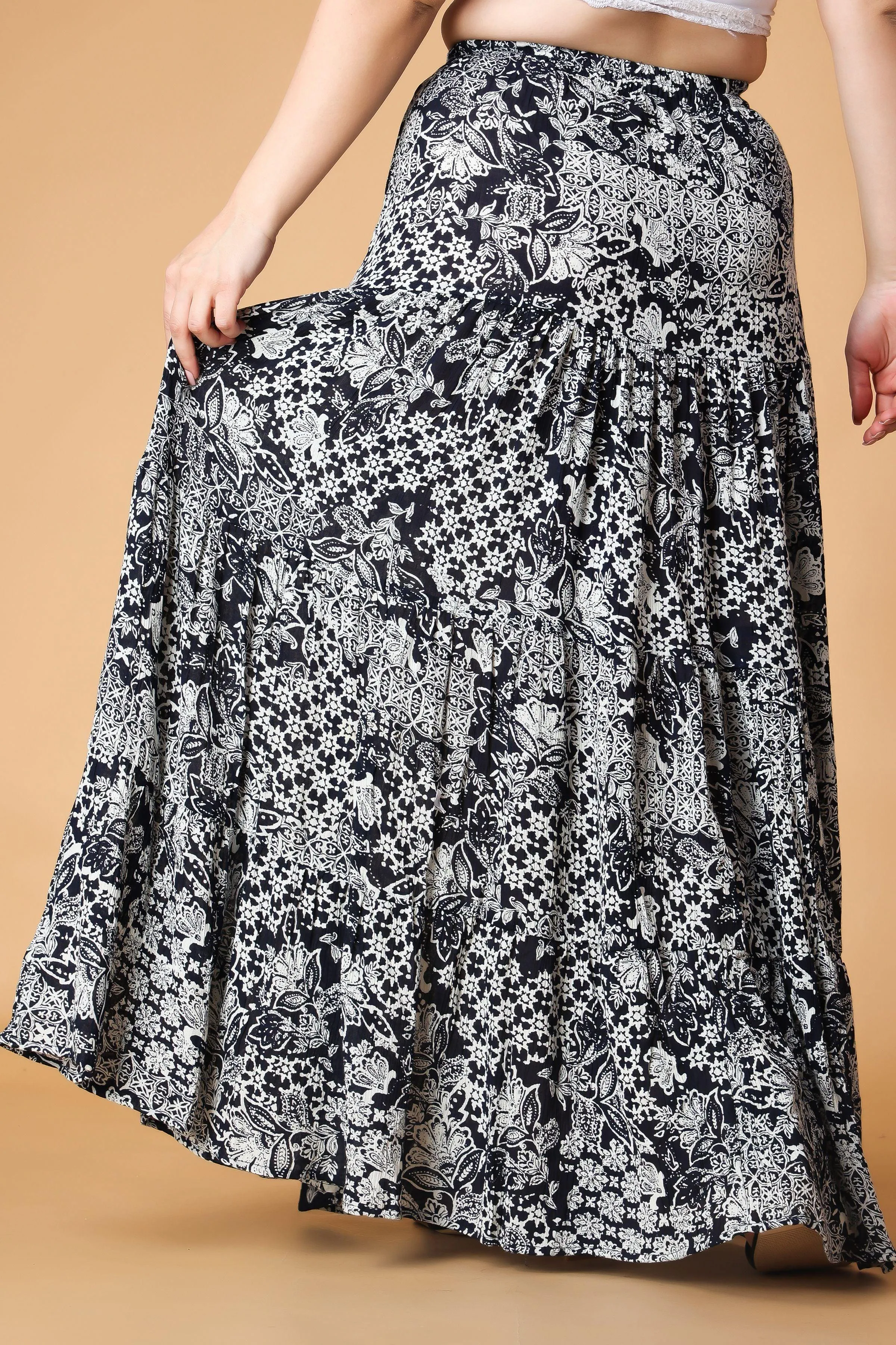 Navy Blue & White Multi Abstract Printed Skirt