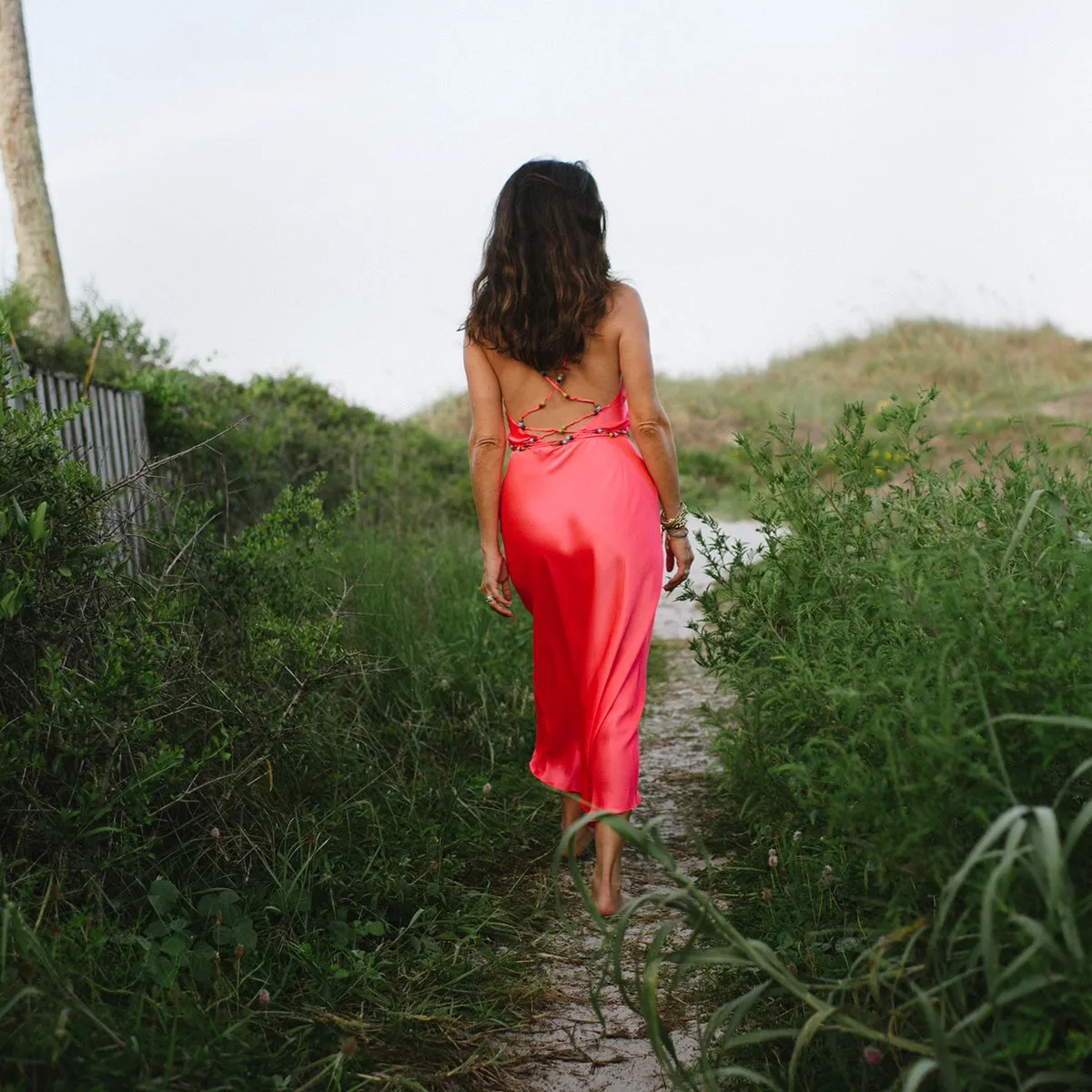 Neon Coral Beaded Strap Midi Slip Dress