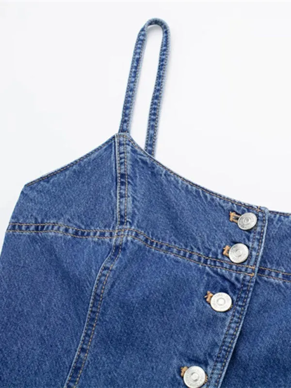 New Fashion Straight Slim Suspenders Breasted Denim Dress with Buttons