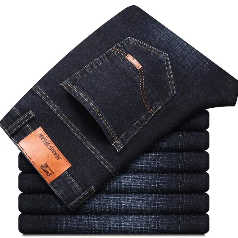 New Men's Fashion Business Casual Stretch Slim Jeans Classic Trousers Denim Pants Male Black Blue