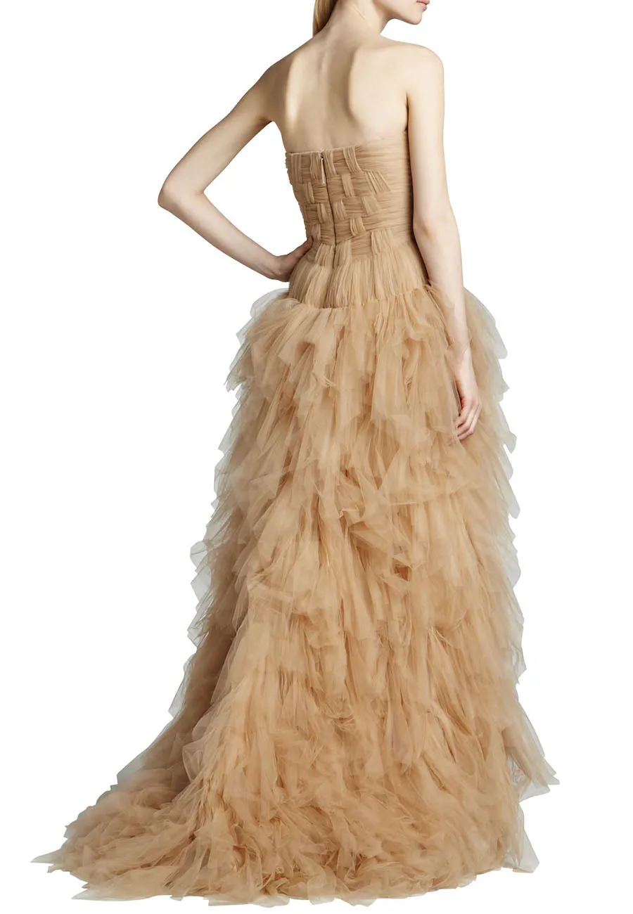 Nude Strapless Layered Tulle Gown