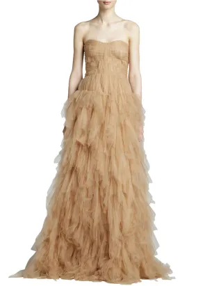 Nude Strapless Layered Tulle Gown