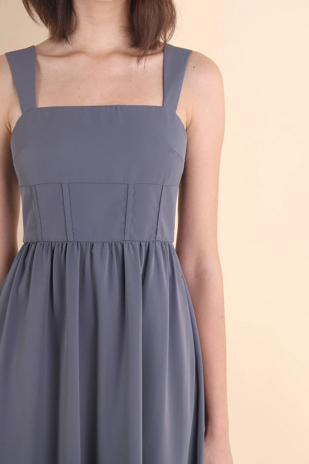 OASIS BUSTIER DRESS IN GUNMETAL BLUE