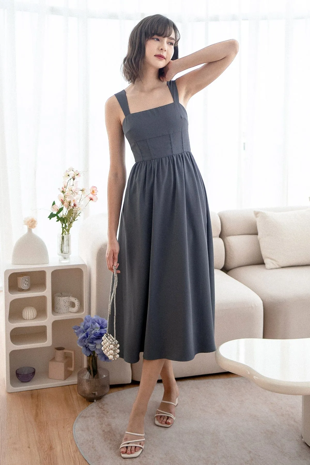 OASIS BUSTIER DRESS IN GUNMETAL BLUE