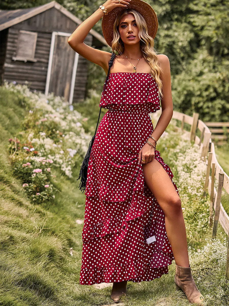 Off Shoulder Polka dots Split Skirt Layered Maxi Boho Dress