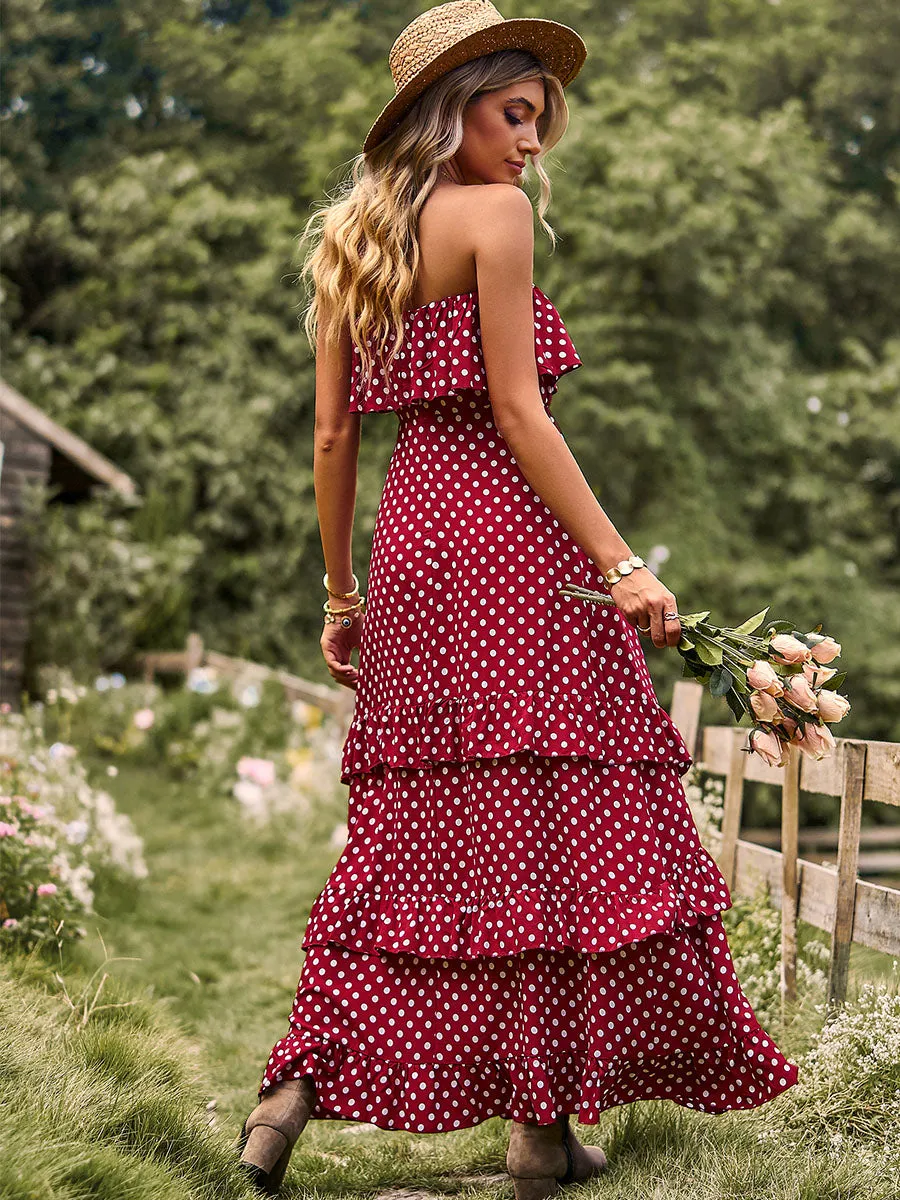 Off Shoulder Polka dots Split Skirt Layered Maxi Boho Dress