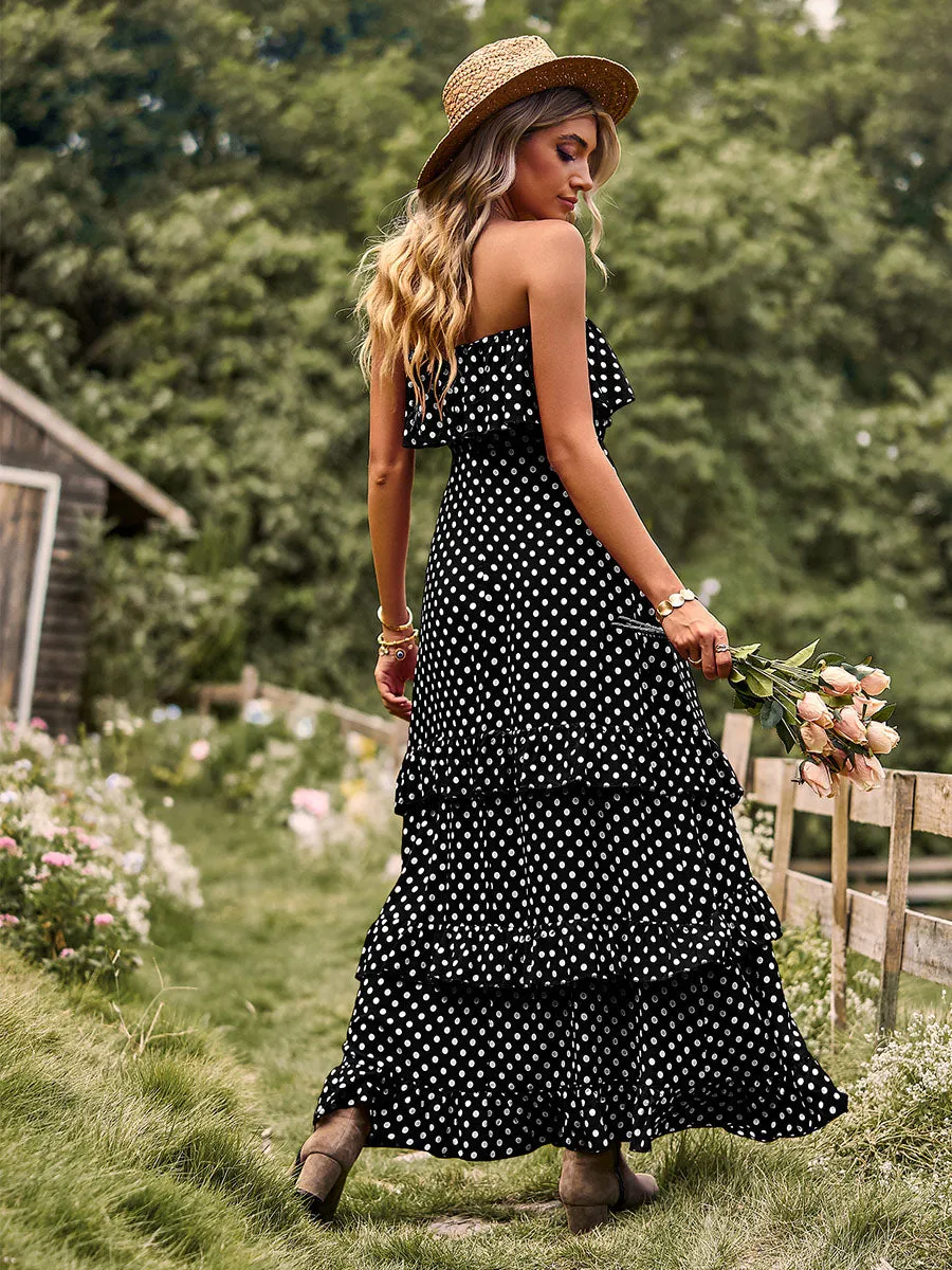 Off Shoulder Polka dots Split Skirt Layered Maxi Boho Dress