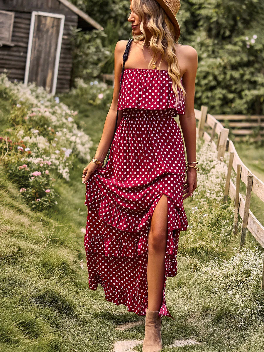 Off Shoulder Polka dots Split Skirt Layered Maxi Boho Dress