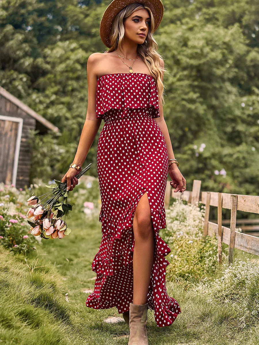 Off Shoulder Polka dots Split Skirt Layered Maxi Boho Dress