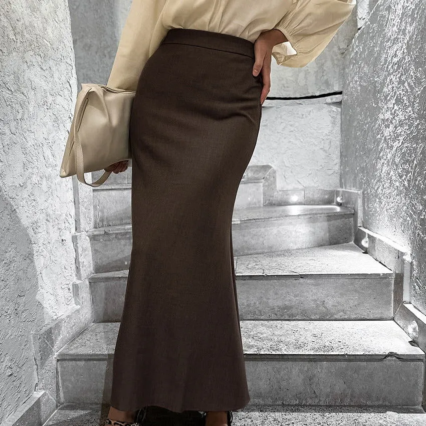 Office High Waist Brown Skirt Autumn Long Skirt Women