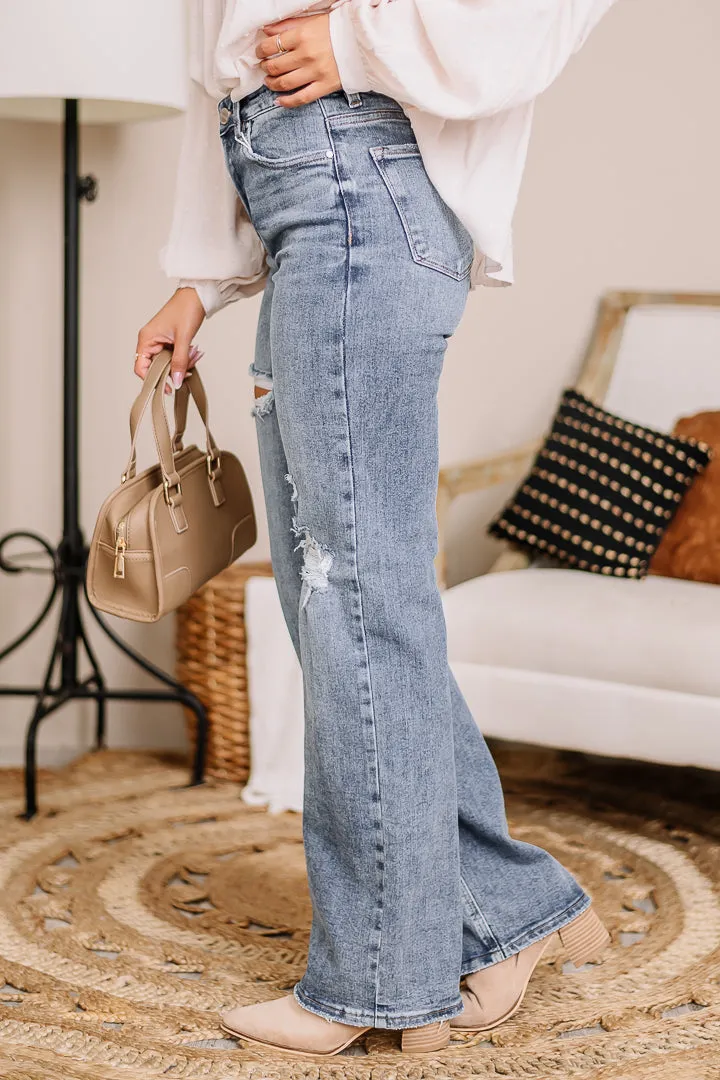 On A High Note Wide Leg Ripped Jeans