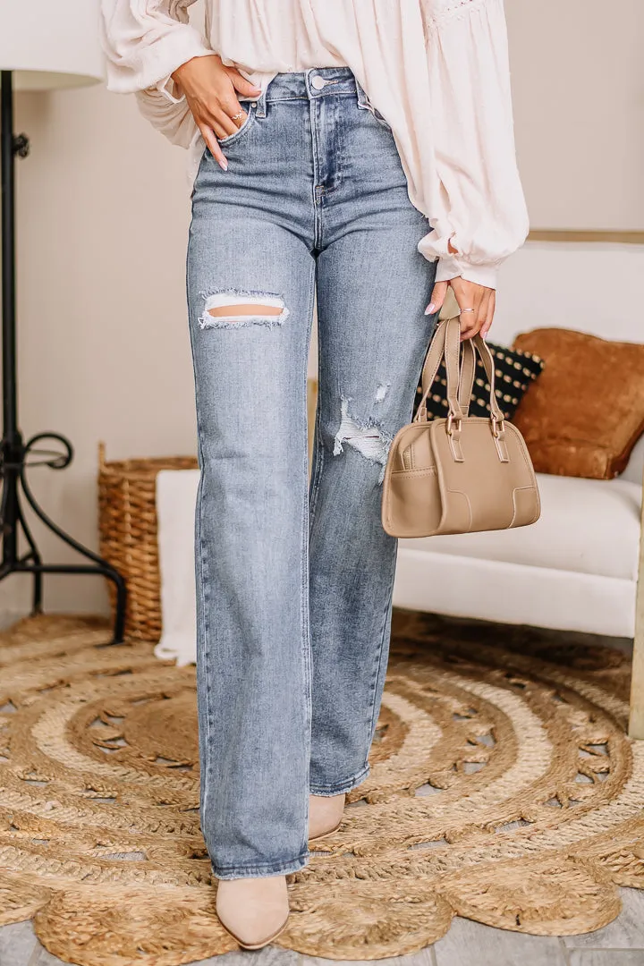 On A High Note Wide Leg Ripped Jeans