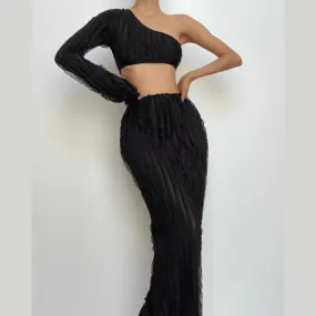 One shoulder long sleeve irregular ruffle textured maxi skirt set