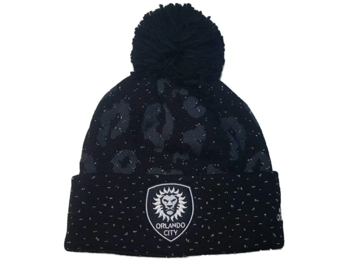 Orlando City SC Adidas Black Leopard Print Acrylic Cuffed Beanie Hat Cap w Poof