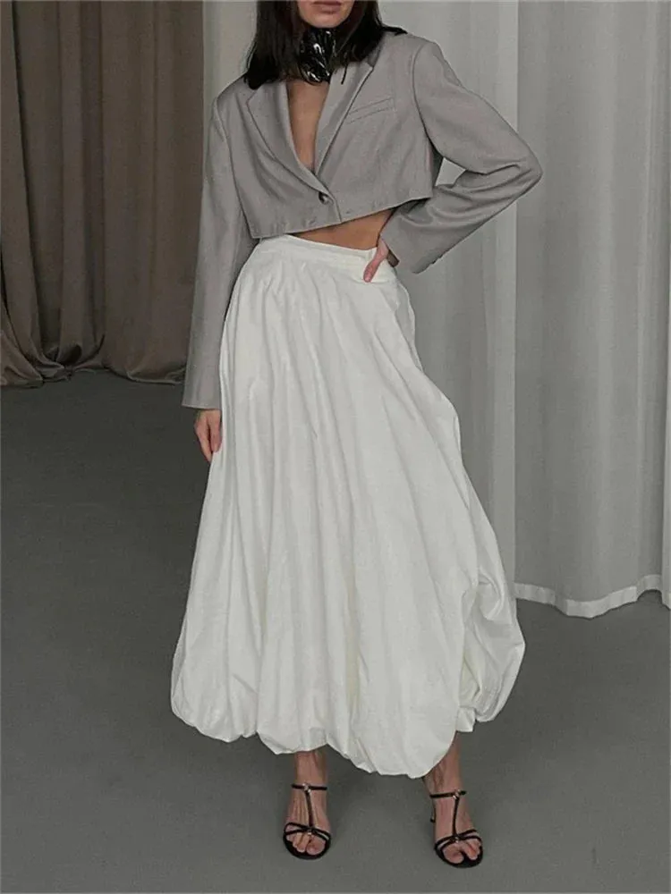 Pleated Long Satin A-Line Ruffled Elegant White Silk Maxi Skirt