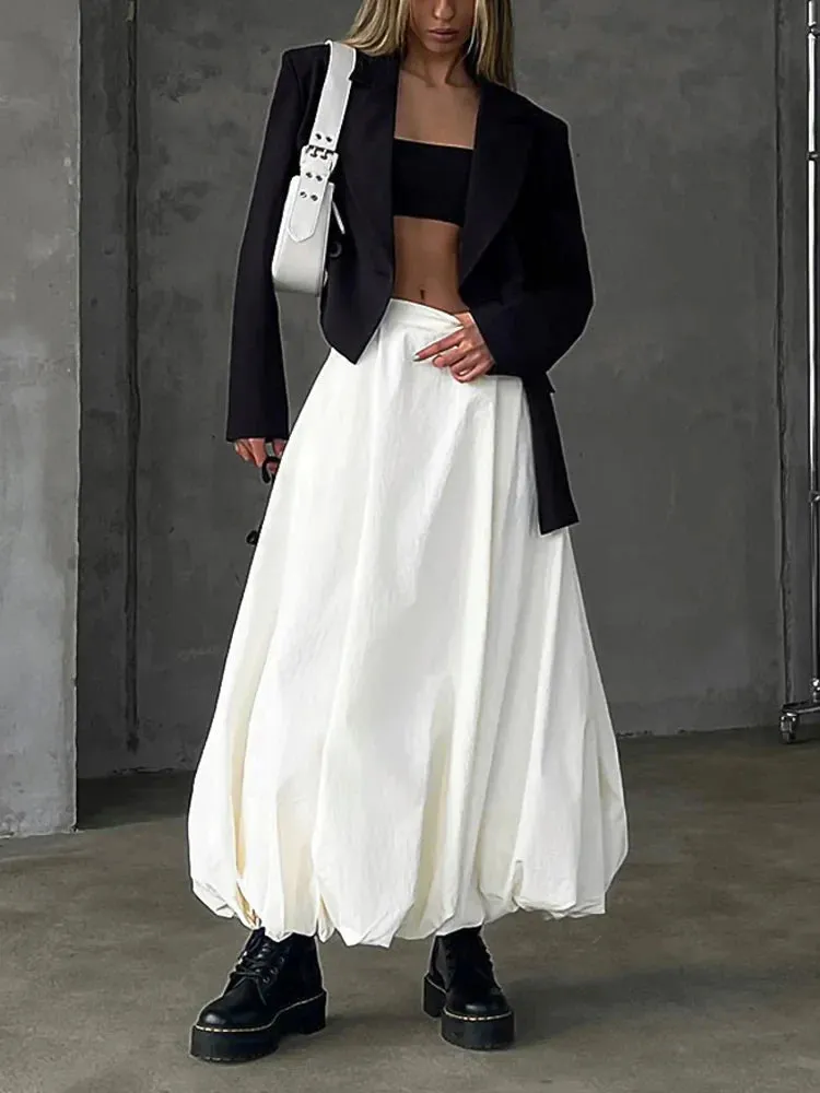 Pleated Long Satin A-Line Ruffled Elegant White Silk Maxi Skirt