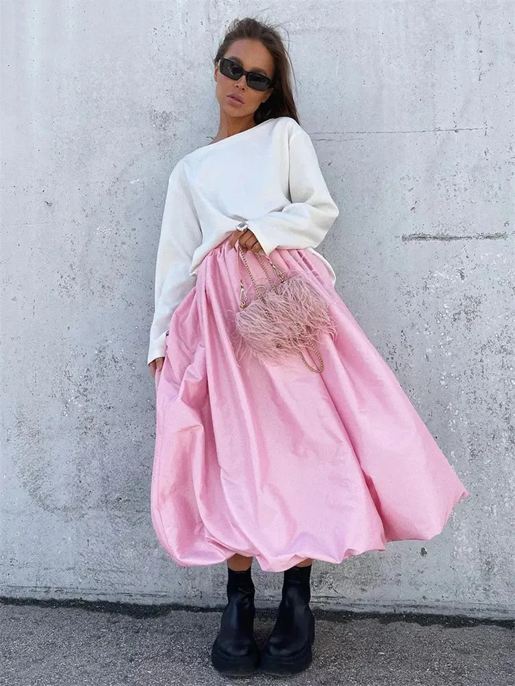 Pleated Long Satin A-Line Ruffled Elegant White Silk Maxi Skirt