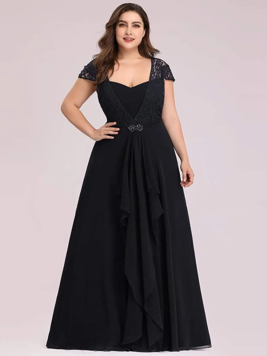 Plus Size Cap Sleeve Floral Lace Bodice Maxi Evening Dress