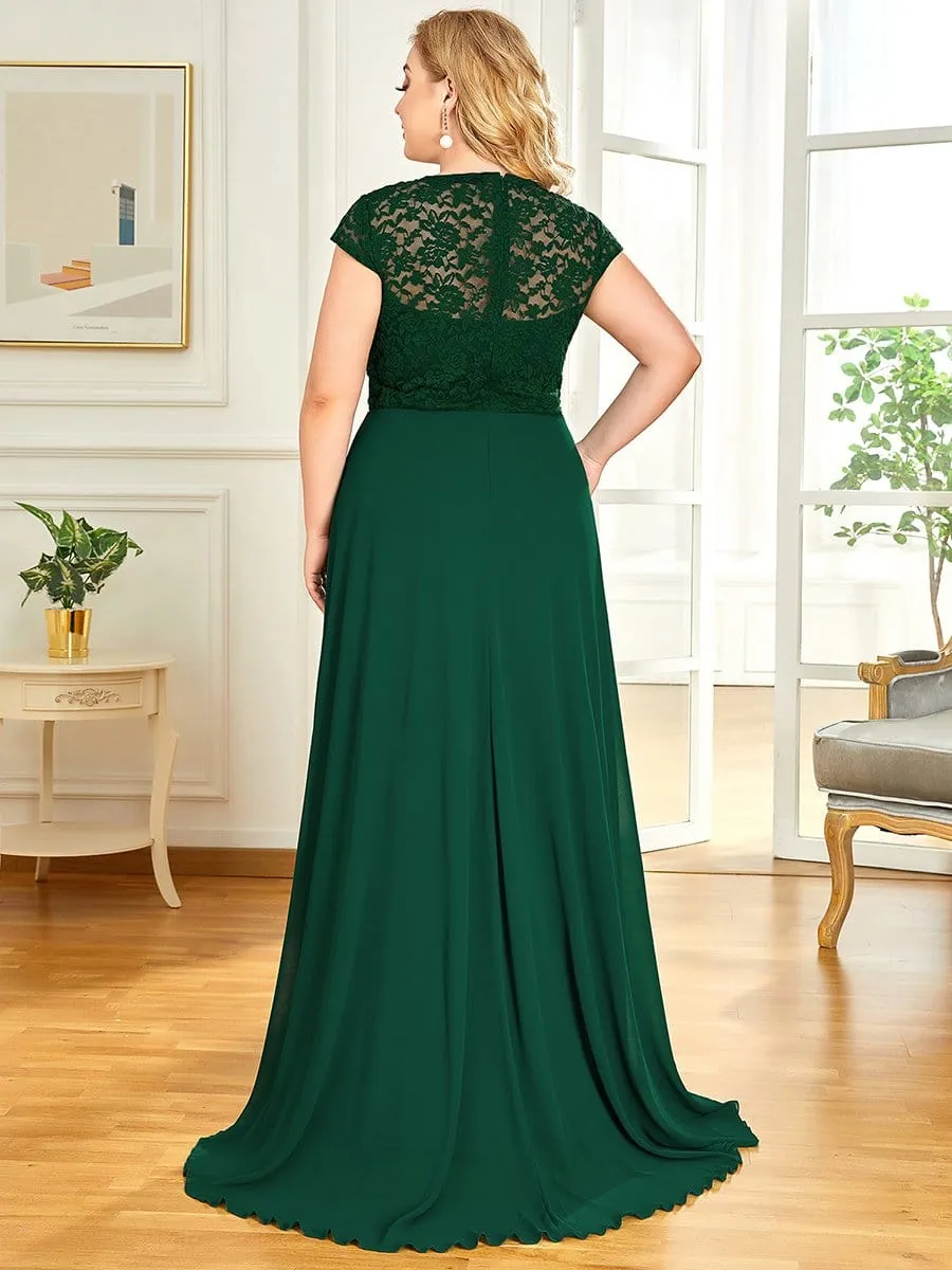 Plus Size Cap Sleeve Floral Lace Bodice Maxi Evening Dress