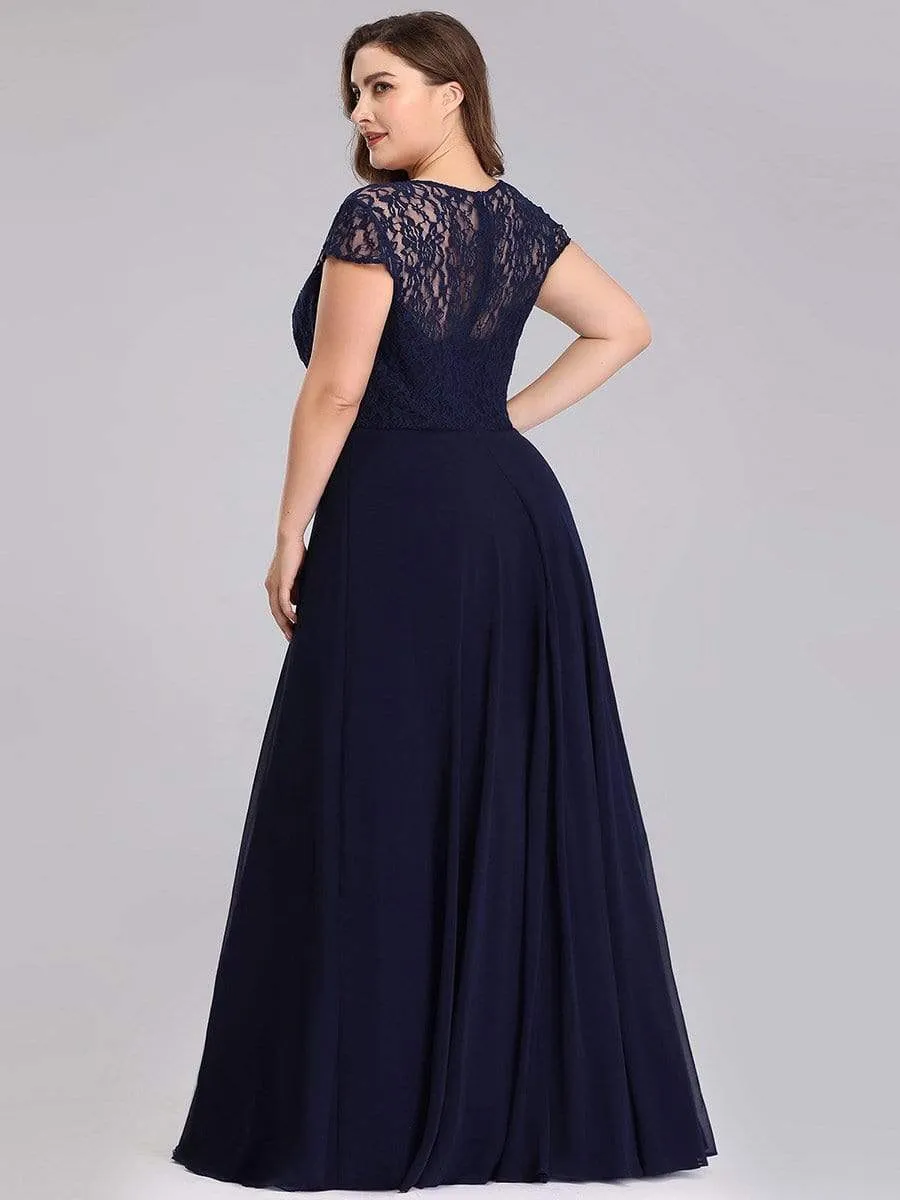 Plus Size Cap Sleeve Floral Lace Bodice Maxi Evening Dress