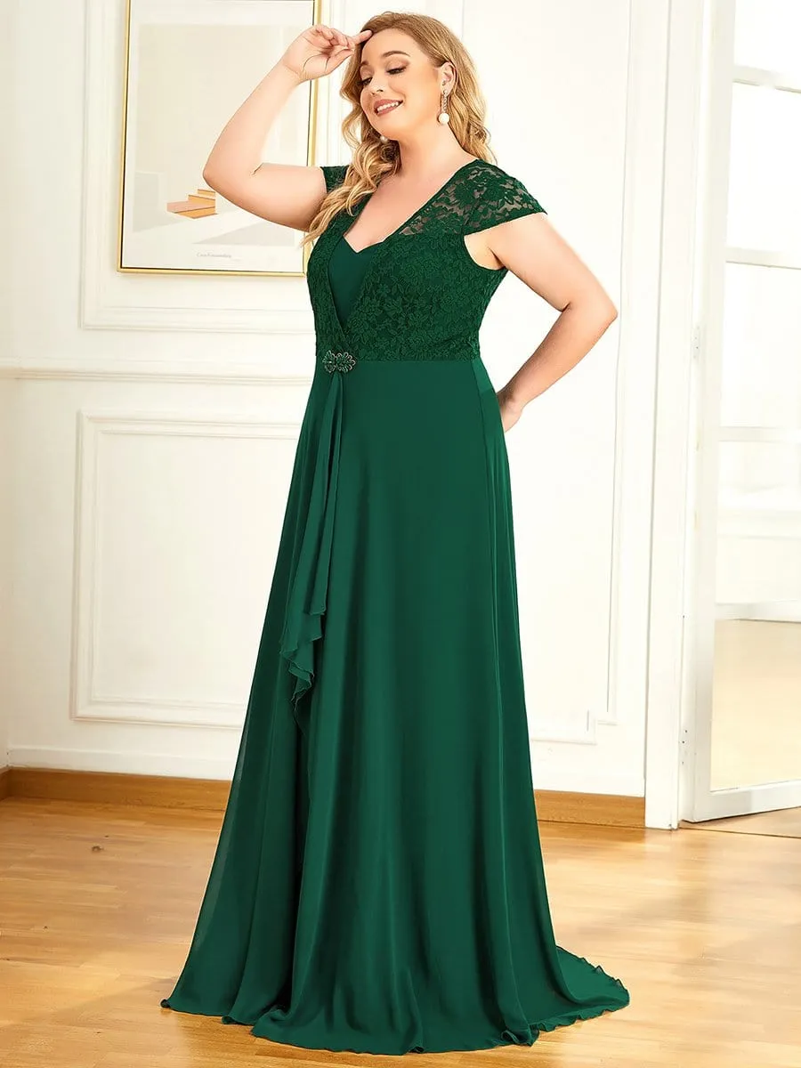 Plus Size Cap Sleeve Floral Lace Bodice Maxi Evening Dress