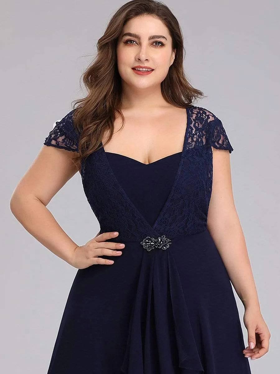 Plus Size Cap Sleeve Floral Lace Bodice Maxi Evening Dress