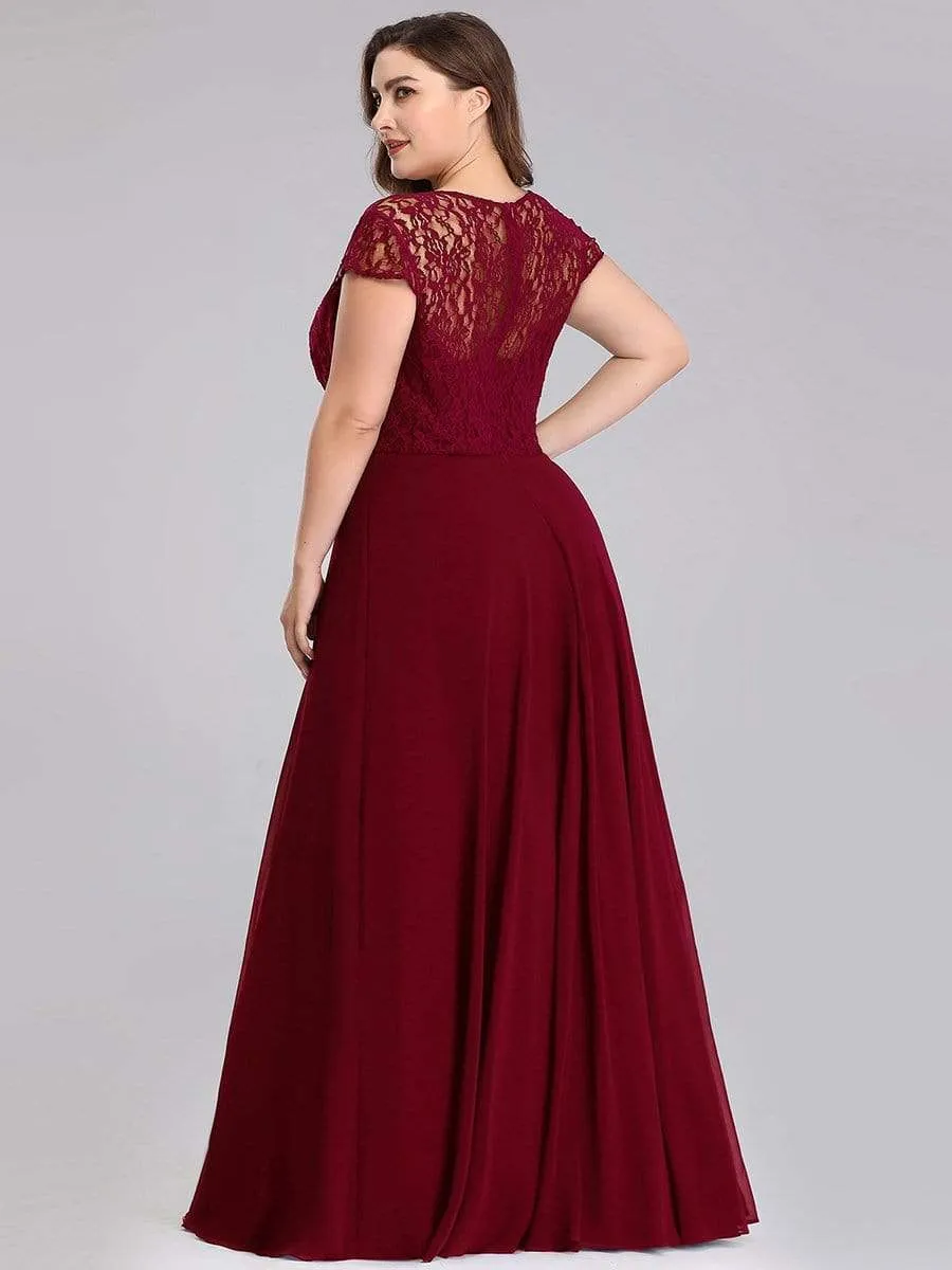 Plus Size Cap Sleeve Floral Lace Bodice Maxi Evening Dress