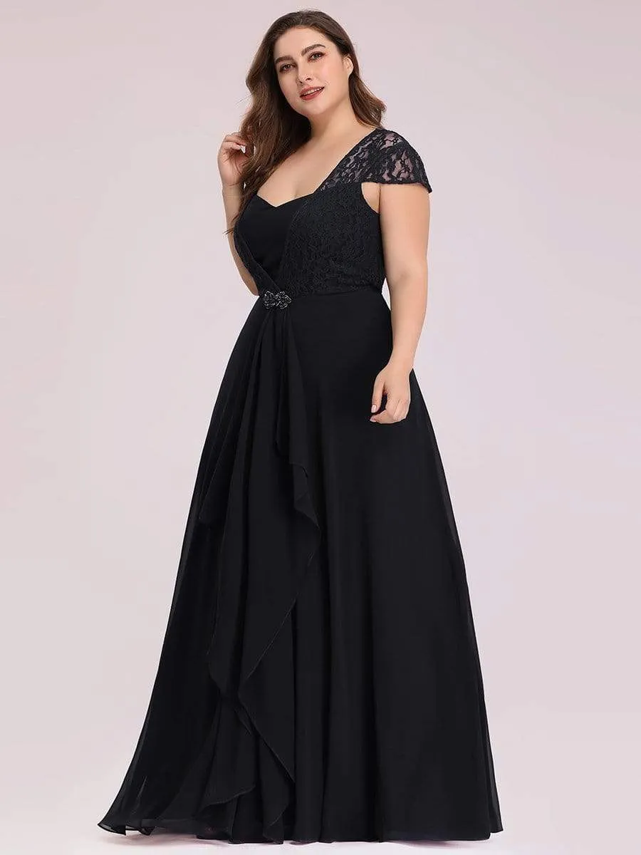 Plus Size Cap Sleeve Floral Lace Bodice Maxi Evening Dress