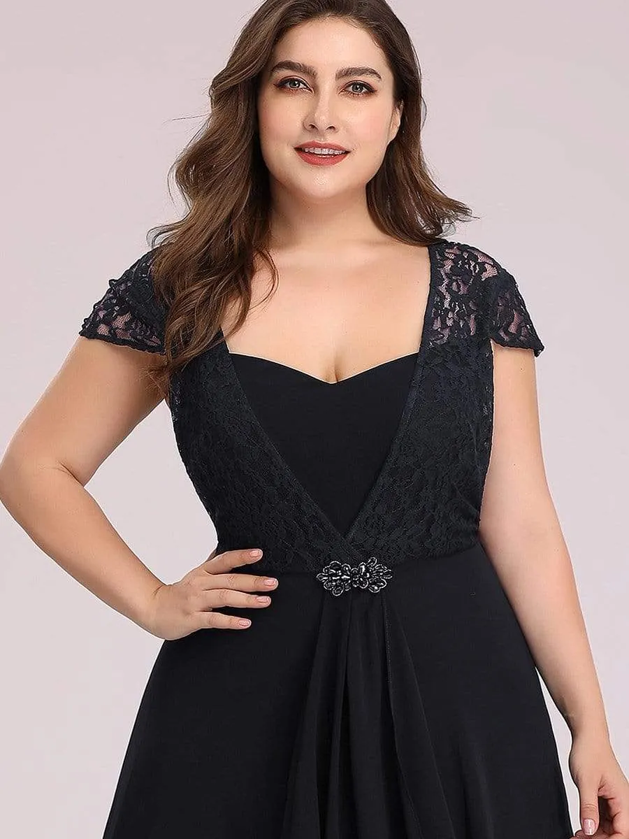 Plus Size Cap Sleeve Floral Lace Bodice Maxi Evening Dress